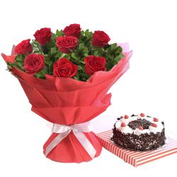 Creamy Birthday Black Forest Cake with Eye-Catching Red Rose Bouquet Creamy Birthday Black Forest Cake with Eye-Catching Red Rose Bouquet