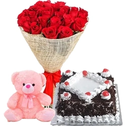 Online Black Forest Cake with Red Roses Bouquet N Teddy