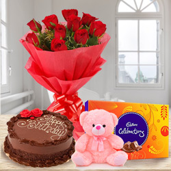 Happy Birthday Party Chocolate Cake with Red Rose Bouquet, Small Teddy and Cadbury Celebration Happy Birthday Party Chocolate Cake with Red Rose Bouquet, Small Teddy and Cadbury Celebration