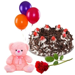 Happy Birthday Special 1 Single Rose with Black Forest Cake, Teddy and Balloons Happy Birthday Special 1 Single Rose with Black Forest Cake, Teddy and Balloons