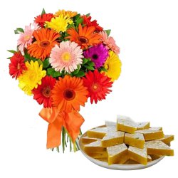 Garden-Fresh Mixed Gerberas Arrangement with Treasured Kaju Katli Garden-Fresh Mixed Gerberas Arrangement with Treasured Kaju Katli