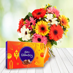 Anniversary Joyous Combo of Cadbury Celebration and Bouquet of Mixed Gerbera Anniversary Joyous Combo of Cadbury Celebration and Bouquet of Mixed Gerbera