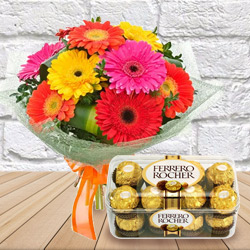 Anniversary Celebration Pack of Exotic Ferrero Rocher Chocolate with Mixed Gerbera Bouquet Anniversary Celebration Pack of Exotic Ferrero Rocher Chocolate with Mixed Gerbera Bouquet