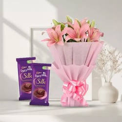 Pleasurable Dairy Milk Silk with Exquisite Bouquet of Pink Lilies Pleasurable Dairy Milk Silk with Exquisite Bouquet of Pink Lilies