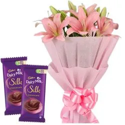Deliver Pink Lilies Bouquet with Dairy Milk Silk