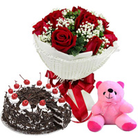 Anniversary Dazzle Bouquet of Red Rose with Small Teddy and Black Forest Cake Anniversary Dazzle Bouquet of Red Rose with Small Teddy and Black Forest Cake