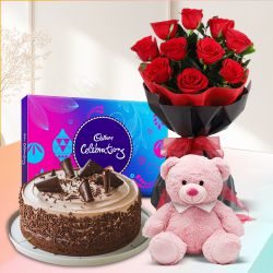 Cute Teddy Surprise with Chocolate Cake, Red Rose Bouquet N Cadbury Celebration Cute Teddy Surprise with Chocolate Cake, Red Rose Bouquet N Cadbury Celebration