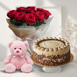 Gift Red Roses Bouquet with Teddy N Coffee Cake