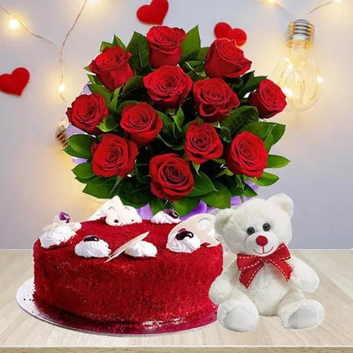 Online Deliver Roses Bouquet with Teddy N Red Velvet Cake  