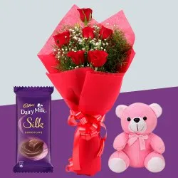 Order Red Roses Bouquet with Teddy N Cadbury Dairy Milk Silk