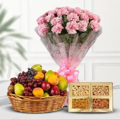 Gift Hamper of Fruits Basket with Assorted Dry Fruits and Pink Carnations Basket