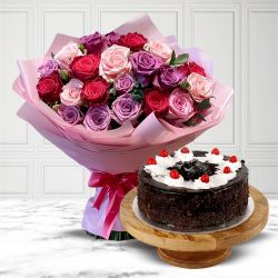 Lovely Black Forest Cake From Taj or 5 Star Bakery with Multicolor Roses Lovely Black Forest Cake From Taj or 5 Star Bakery with Multicolor Roses