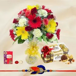 Ferrero Rocher Chocolates n Rakhi with Mixed Flower Bouquet