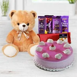 Order Strawberry Cake with Chocolates N Teddy