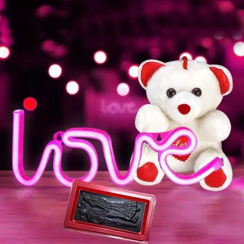 Attractive V-day Gift of Neon Love Lamp with Chocolate n Teddy
