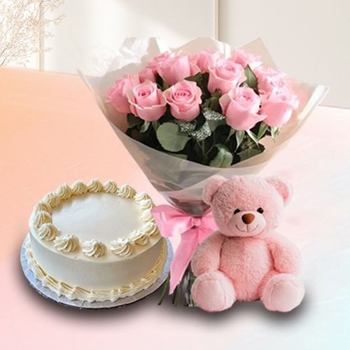 Alluring Promise Day Gift of Vanilla Cake with Pink Roses N Cute Teddy
