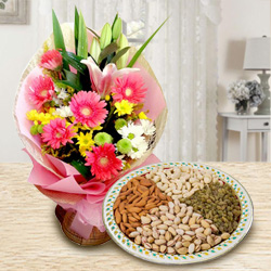 Seasonal Flowers Bouquet with Assorted Dry Fruits Seasonal Flowers Bouquet with Assorted Dry Fruits