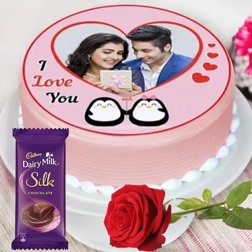Remarkable Propose Day Gift of Photo Cake, Single Rose N Cadbury Silk