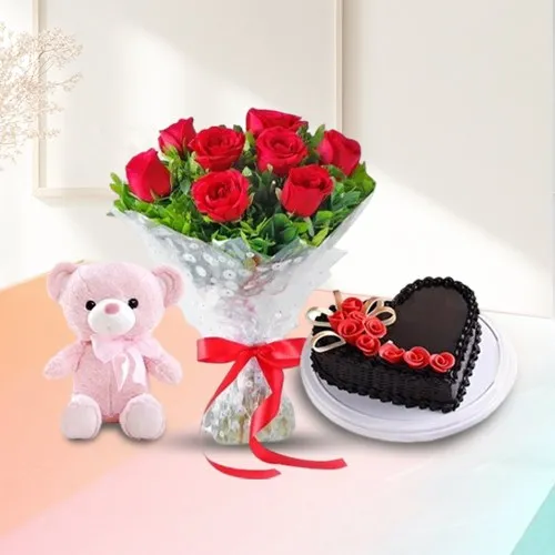 Appetizing Heart Shape Chocolate Cake with Lovely Roses Hand Bunch N Hugging Teddy