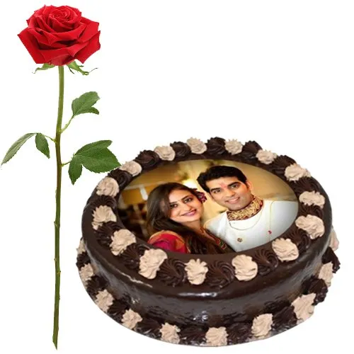 Shop for Single Red Rose with Chocolate Photo Cake