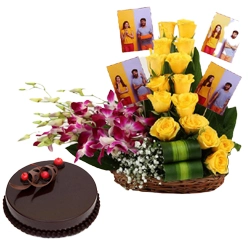 Radiant Mixed Flowers n Personalized Photo Basket with Truffle Cake