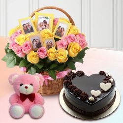 Impressive Roses N Personalized Photo Basket with Love Cake n Cute Teddy