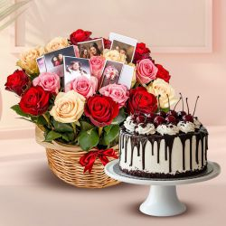 Lovely Gift of Mixed Roses N Personalized Photo Basket with Black Forest Cake