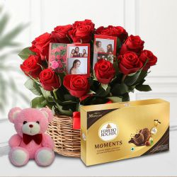 Stunning Red Roses N Personalized Photos Arrangement with Soft Teddy n Ferrero Moments