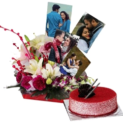 Splendid Personalized Picture n Mixed Flowers Basket with Red Velvet Cake