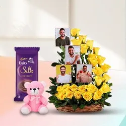 Beautiful Basket of Roses n Personalized Pictures with Cute Teddy and Cadbury Silk