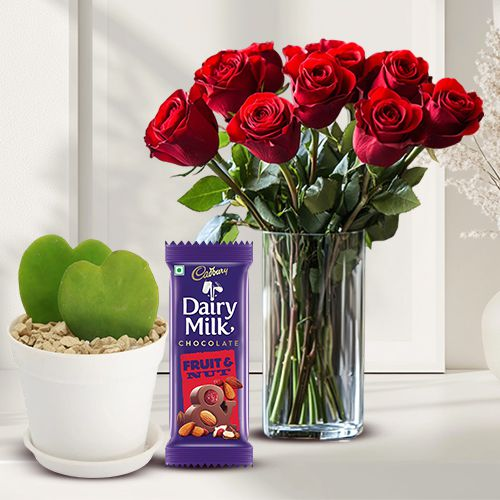 Hearty Choice Red Roses in Vase, Hoya Heart Plant n Cadbury Fruit n Nut