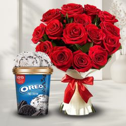 Beautiful Red Roses Bouquet with Kwality Walls Oreo Ice Cream Tub