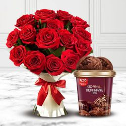 Blushing Red Roses Bouquet with Kwality Walls Choco Brownie Fudge Ice Cream