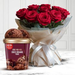 Expressive Red Roses with Kwality Walls Choco Brownie Fudge Ice Cream