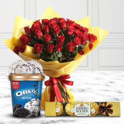 Stunning Red Roses Bouquet with Kwality Walls Oreo Ice Cream n Ferrero Rocher