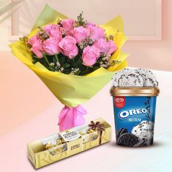 Pretty Pink Roses with Kwality Walls Oreo Ice Cream n Ferrero Rocher
