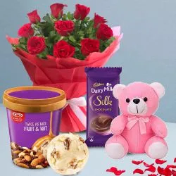 Magnificent Red Roses n Kwality Walls Twin Flavor Ice Cream with Teddy n Cadbury Silk