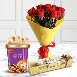 Luminous Red Roses Bouquet with Kwality Walls Twin Flavor Ice Cream n Ferrero Rocher