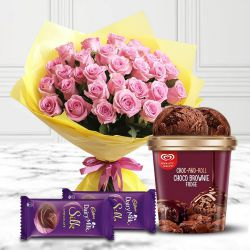Lovely Pink Roses n Kwality Walls Choco Brownie Fudge Ice Cream with Cadbury Silk