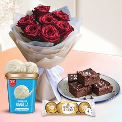 Mesmerizing Red Roses n Kwality Walls Vanilla Ice Cream with Brownie n Ferrero Rocher