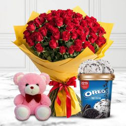 Exquisite Red Roses Bouquet with Kwality Walls Oreo n Cream Ice Cream n Teddy