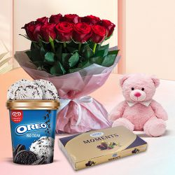 Radiant Red Roses n Kwality Walls Oreo Ice Cream with Ferrero Moments n Teddy