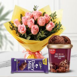 Luxurious Pink Roses n Kwality Walls Choco Brownie Ice Cream with Cadbury Chocolates
