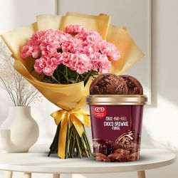 Exotic Bouquet of Pink Carnation with Kwality Walls Choco Brownie Fudge Ice Cream