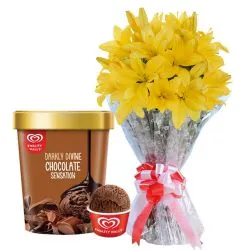 Beautiful Yellow Lily Bouquet with Chocolate Ice-Cream from Kwality Walls