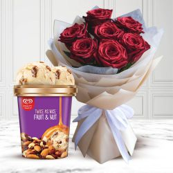 Premium Red Roses Bouquet with Fruit n Nut Ice-Cream from Kwality Walls
