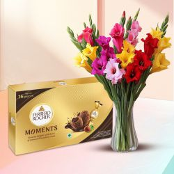 Wonderful Assorted Gladiolus in Glass Vase with Ferrero Rocher Moments