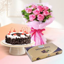 Scrumptious Black Forest Cake with Pink Roses N Ferrero Rocher Moment