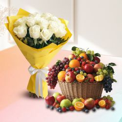 Deeply Missed White Roses Bouquet with Fresh Fruits