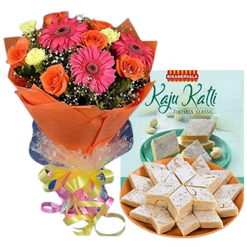 Kaju Katli from Bikanervalas with Seasonal Flower Bouquet